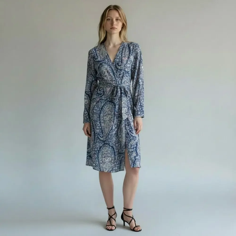 J.Crew Women Blue Paisley Tie-Front 100% Silk Shirt Dress Size 8 NWT #BB642